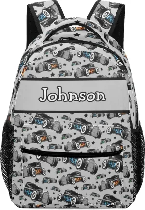 Personalized Name Car Racing Backpack Unisex Bookbag for Boy Girl Travel Daypack Bag Purse 17.7 IN