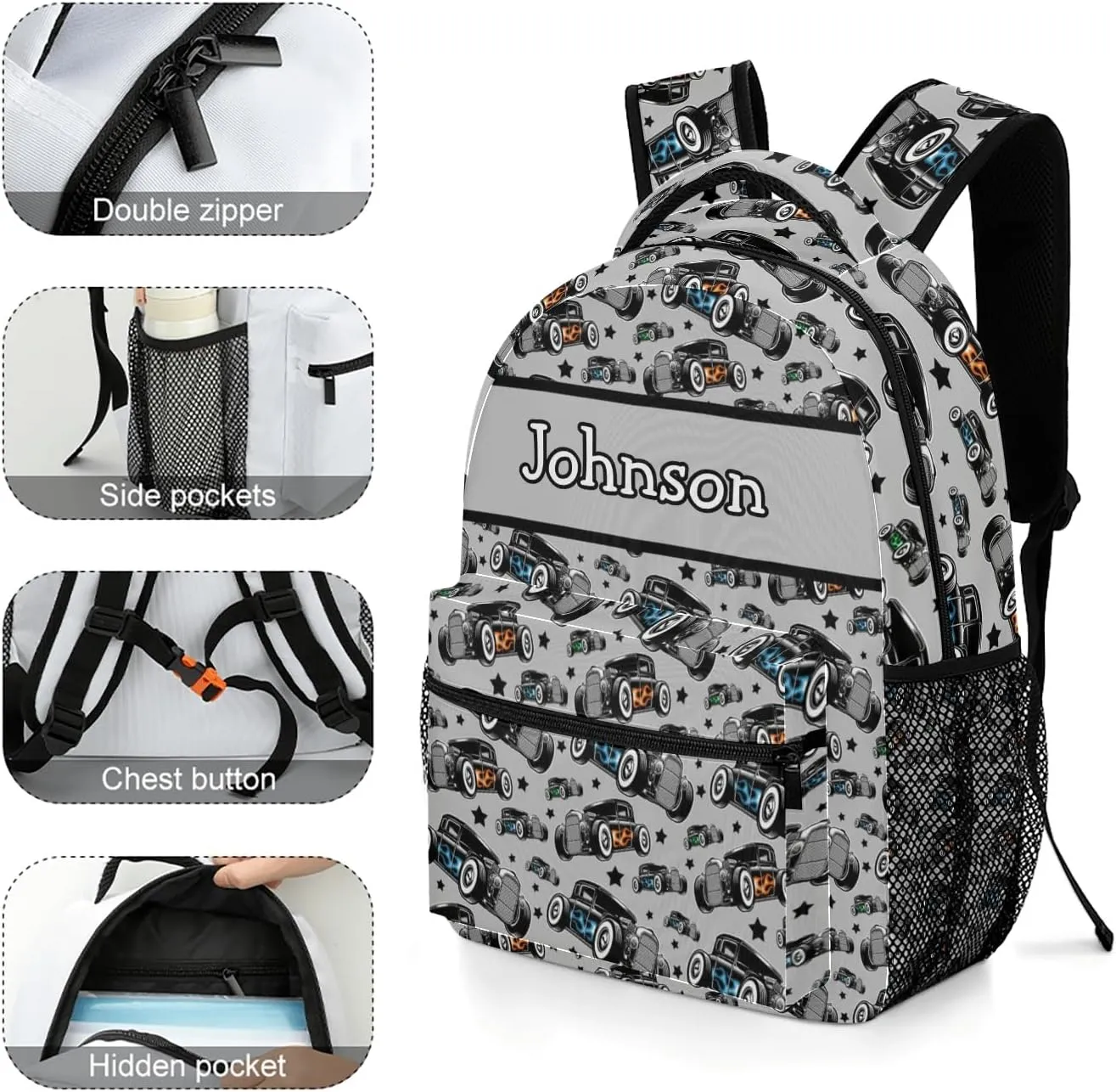 Personalized Name Car Racing Backpack Unisex Bookbag for Boy Girl Travel Daypack Bag Purse 17.7 IN