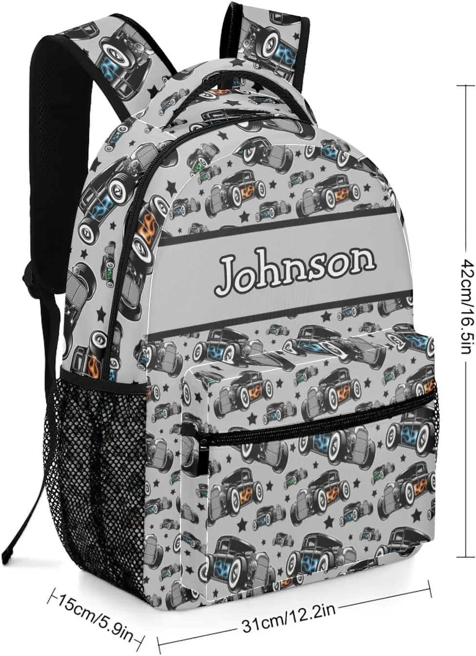 Personalized Name Car Racing Backpack Unisex Bookbag for Boy Girl Travel Daypack Bag Purse 17.7 IN