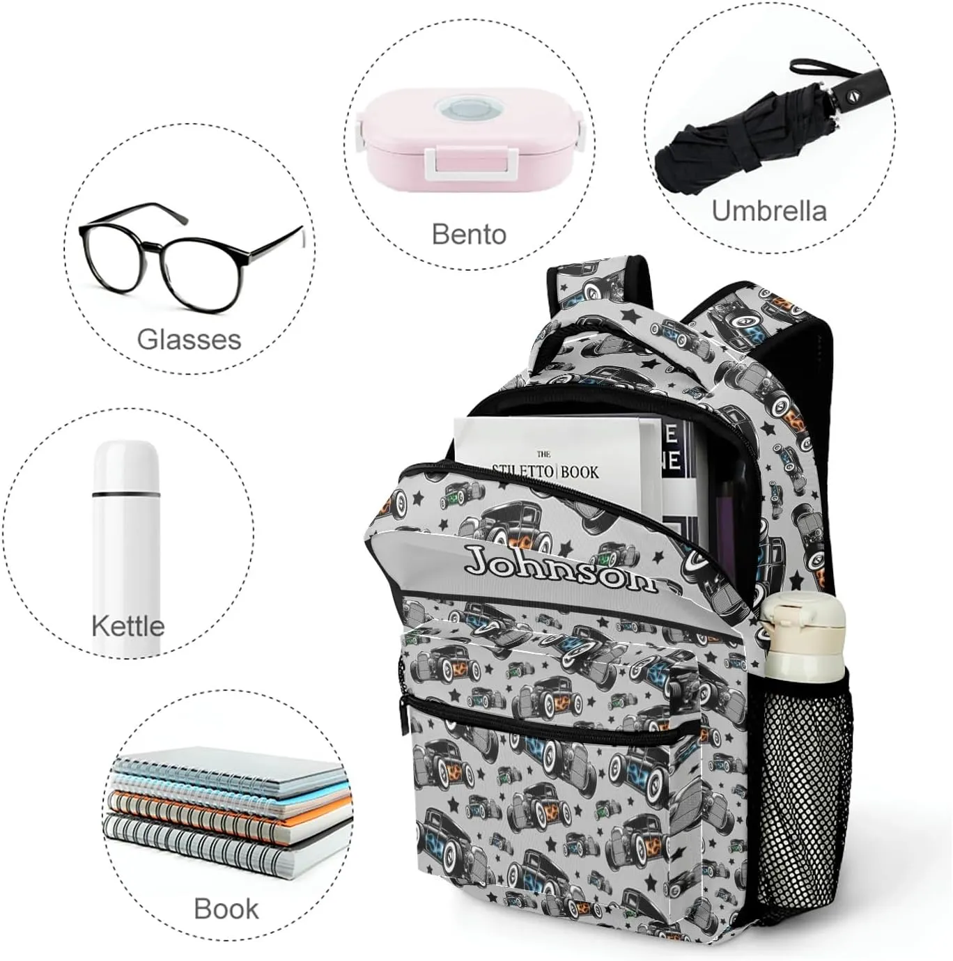 Personalized Name Car Racing Backpack Unisex Bookbag for Boy Girl Travel Daypack Bag Purse 17.7 IN