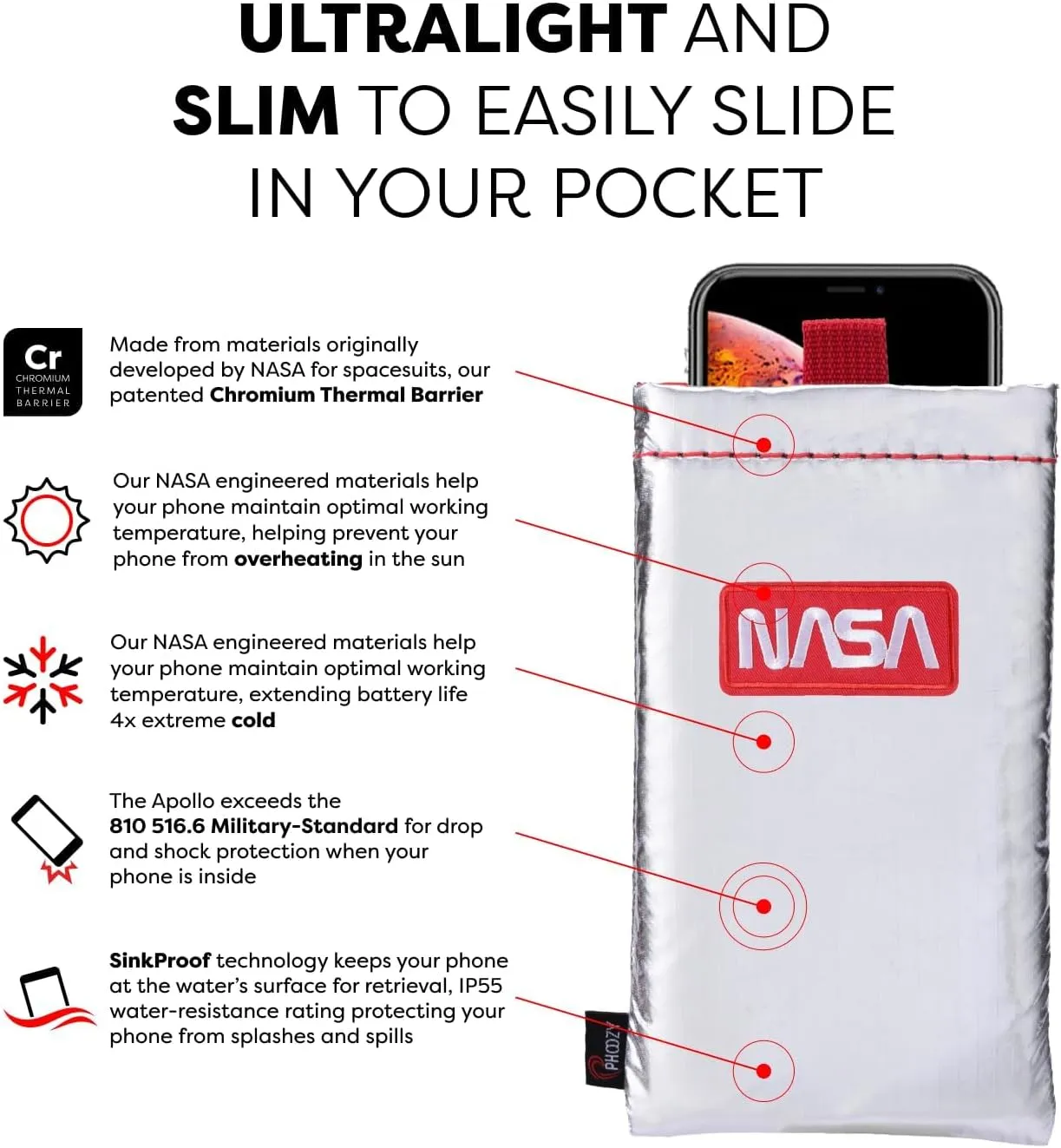 PHOOZY Thermal Phone Case - Apollo Series : Cell Phone Pouch Prevents Overheating from Sun Exposure, Extends Battery Life, Provides Drop Protection and Floats in Water (Large-Space)
