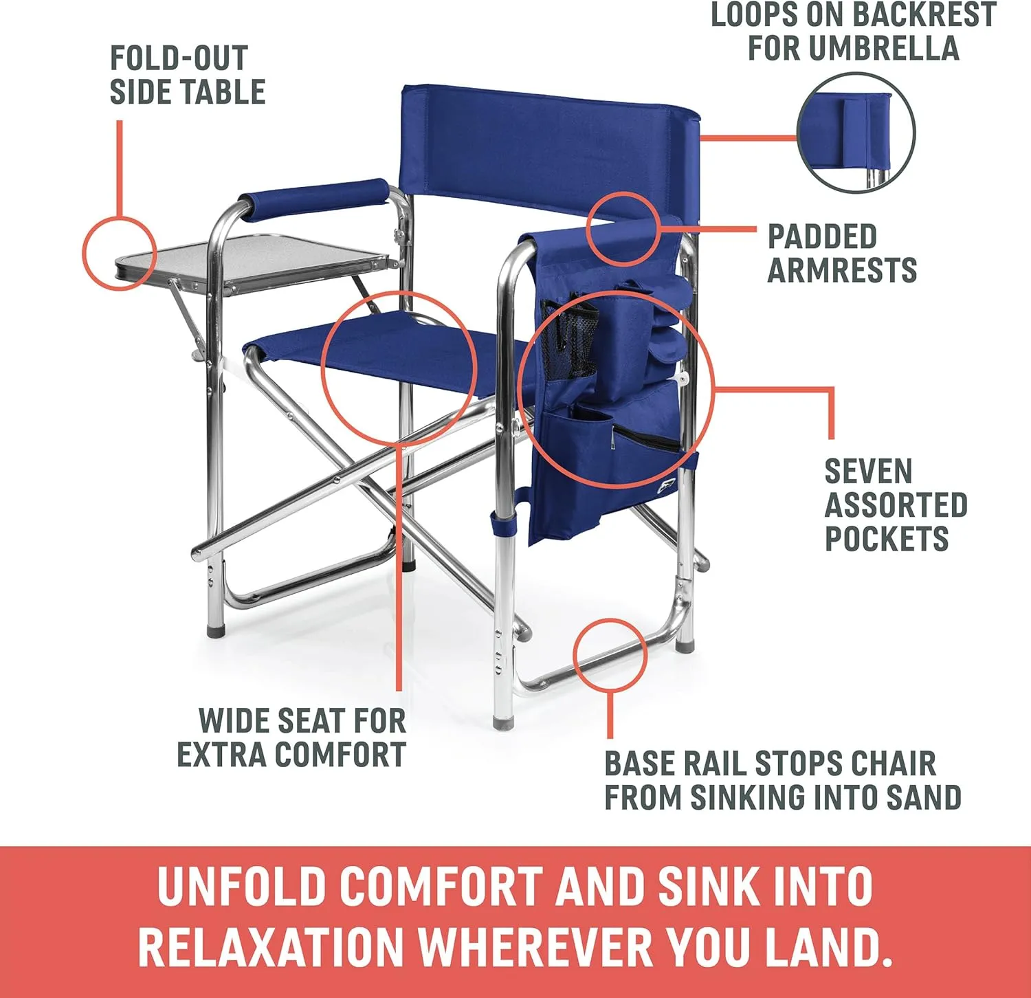 PICNIC TIME Sports Chair with Side Table, Camping Chair, Beach Chair, Camp Chair for Adults (Red)