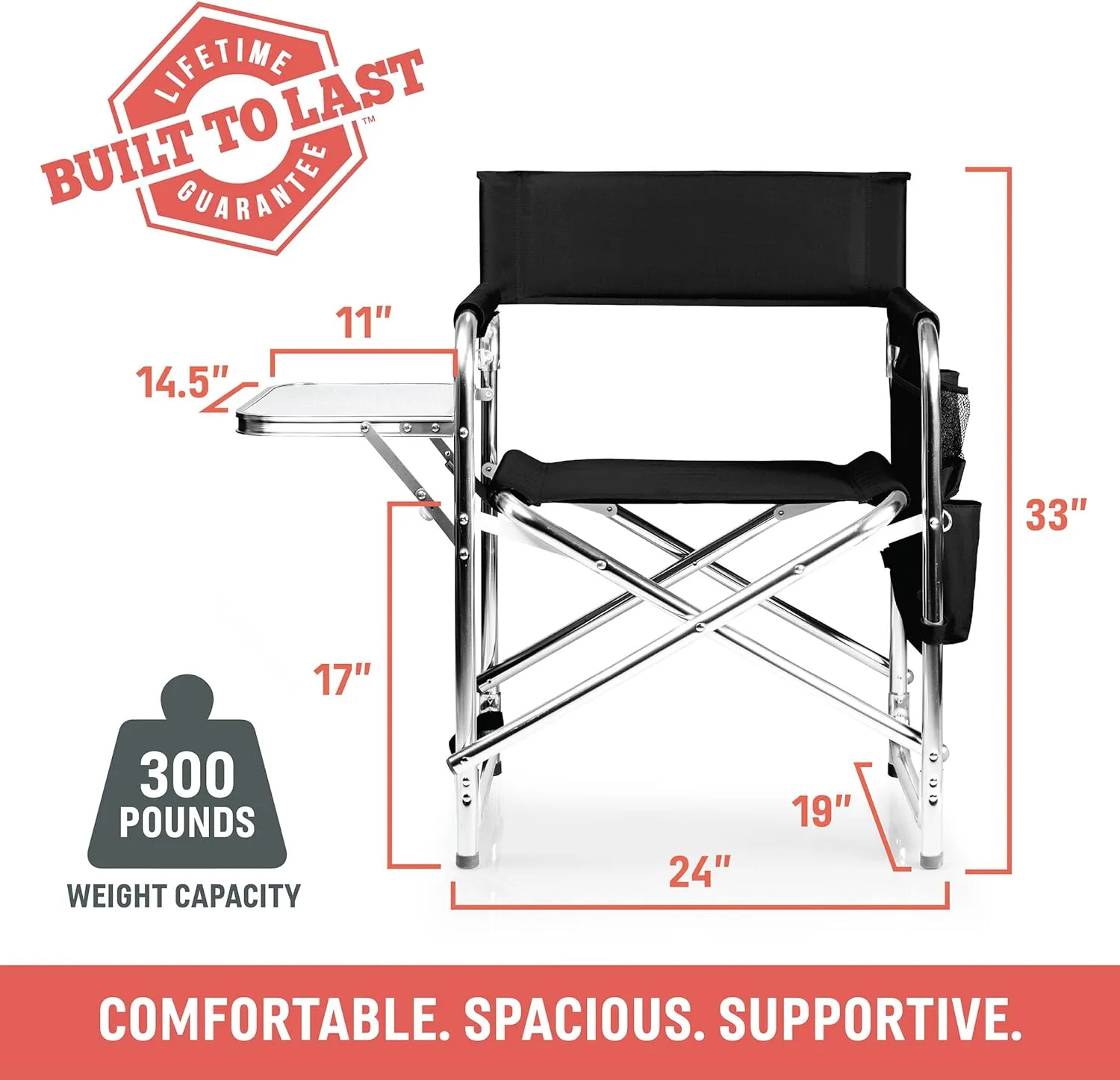 PICNIC TIME Sports Chair with Side Table, Camping Chair, Beach Chair, Camp Chair for Adults (Red)