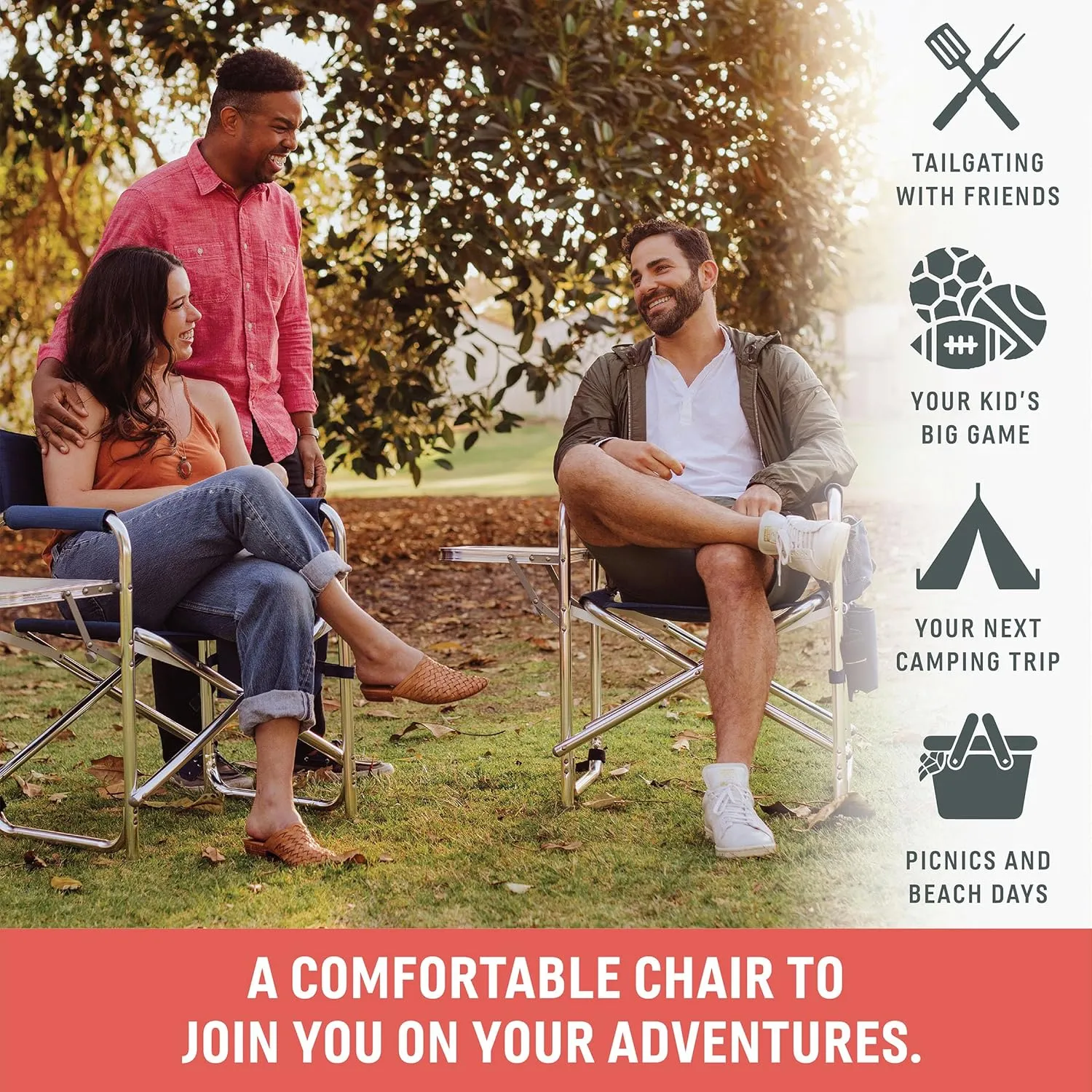 PICNIC TIME Sports Chair with Side Table, Camping Chair, Beach Chair, Camp Chair for Adults (Red)