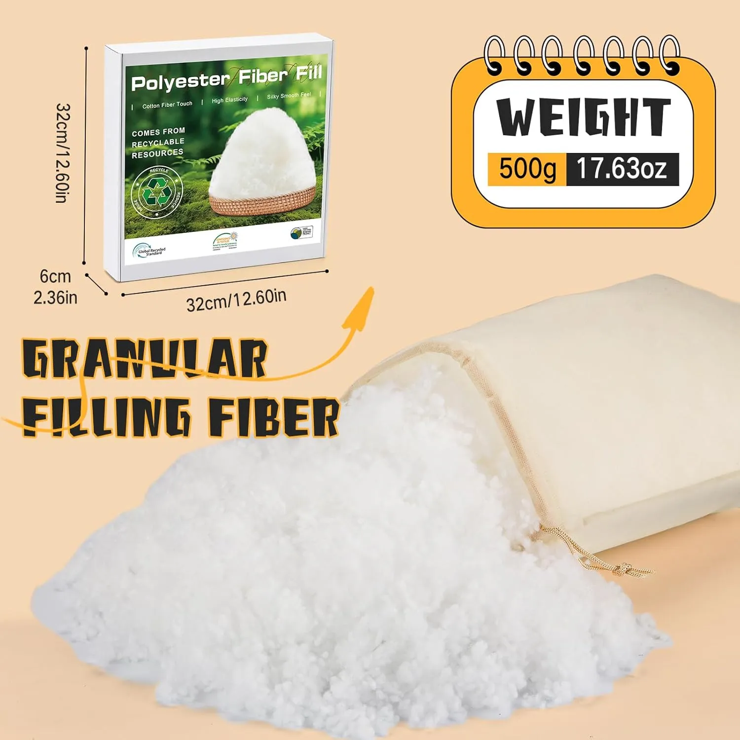 Polyfill Stuffing, 1.1 LB Premium Polyester Fiber Fill, Plant Fiber Filling with Certificate for Couch, Plush Pillows, Cushion, Stuffed Animals, Cloud Decorations, Machine Washable
