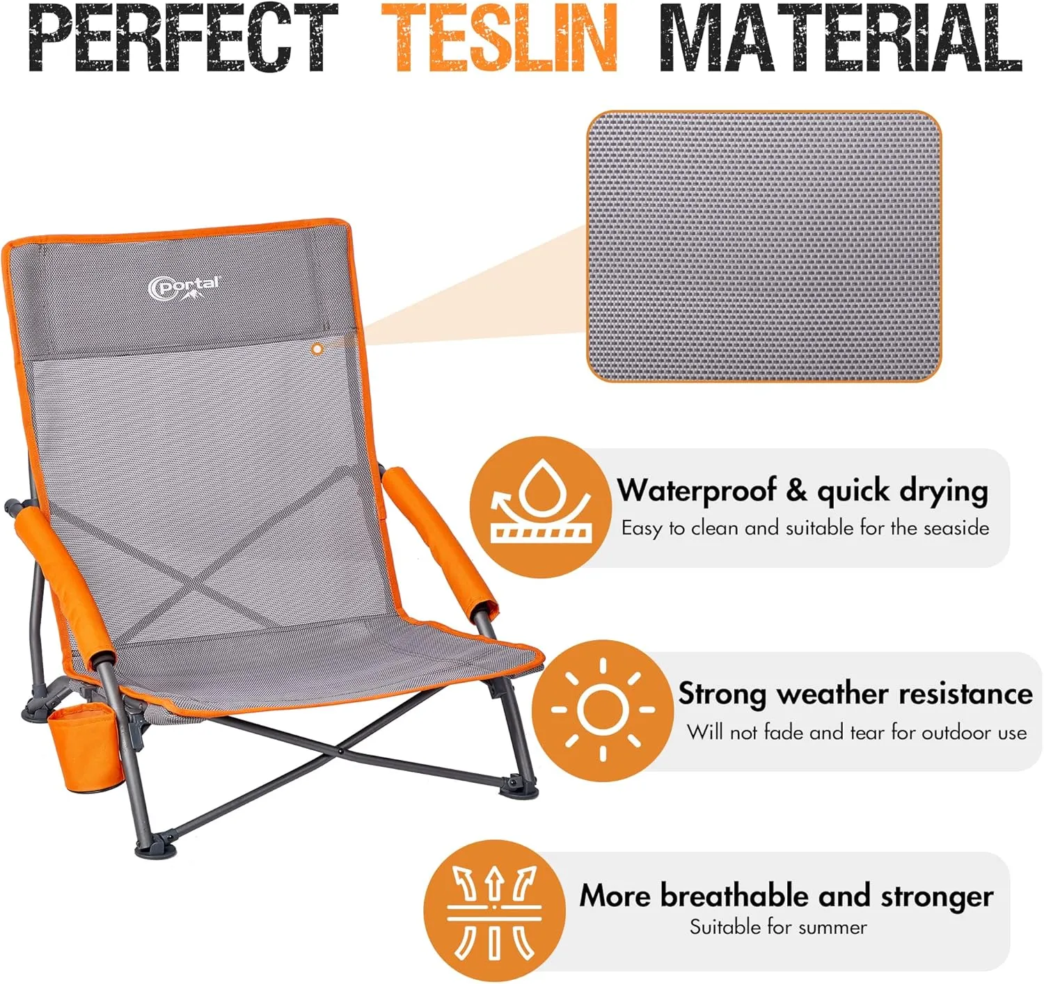 PORTAL Beach Chairs for Adults Camping Low Lightweight Portable Chair with Cup Holder Mesh Back Carry Bag for Outdoor Sand Lawn Travel Picnic Festival Concert, 350LBS