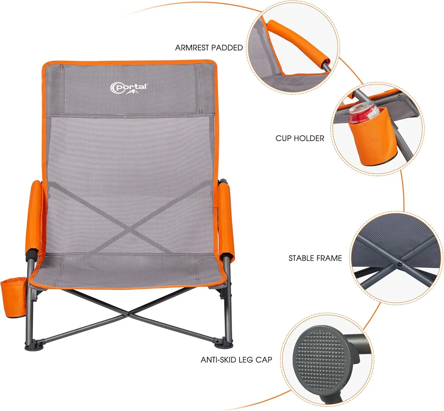 PORTAL Beach Chairs for Adults Camping Low Lightweight Portable Chair with Cup Holder Mesh Back Carry Bag for Outdoor Sand Lawn Travel Picnic Festival Concert, 350LBS