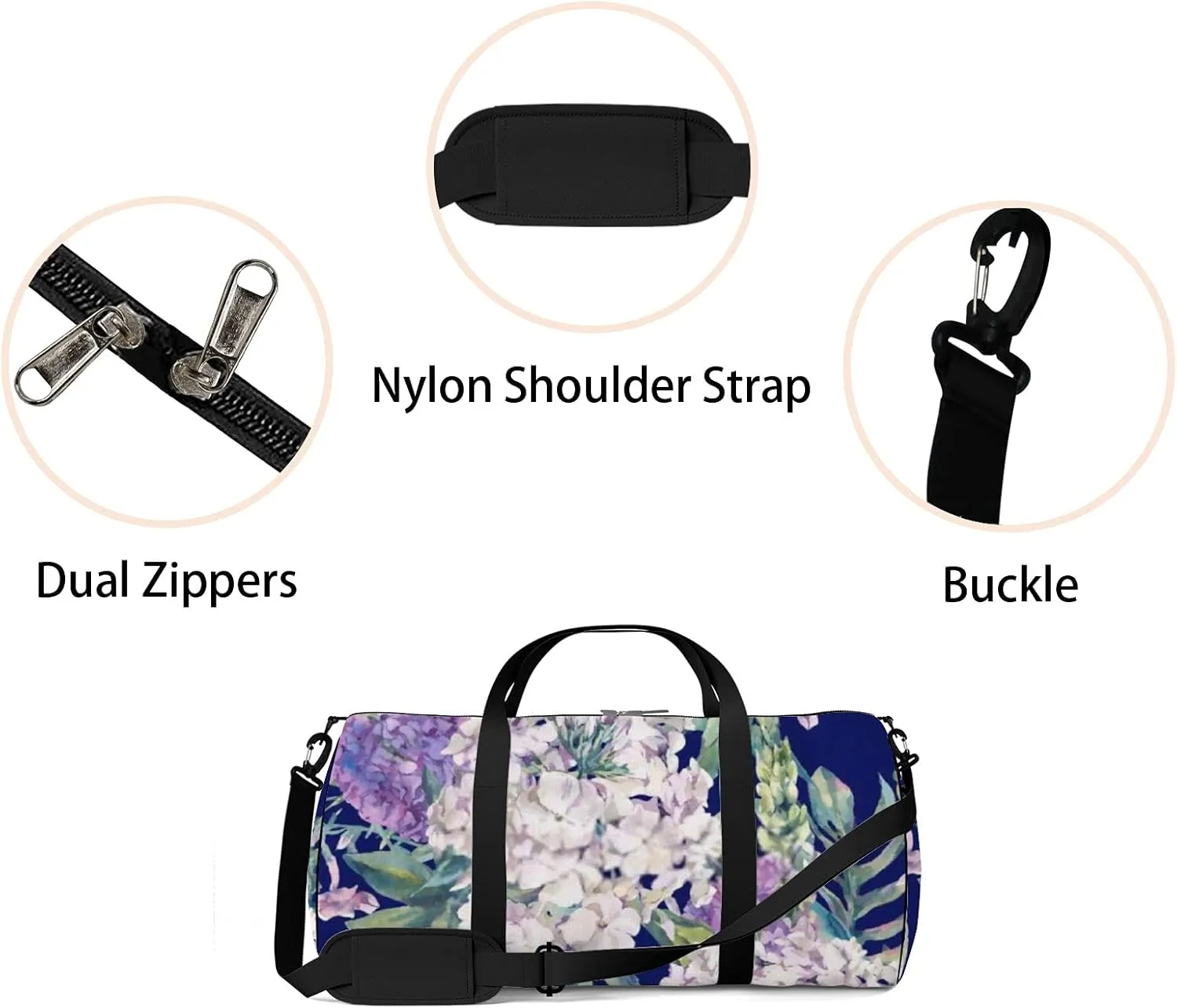 Pretty Flowers on Retro Navy Blue Sports Bag Tote Bag Waterproof Gym Bag with Shoulder Strap Zipper 2 Side Pockets for Men and Women, Travel and Storage Shoulder Bag.