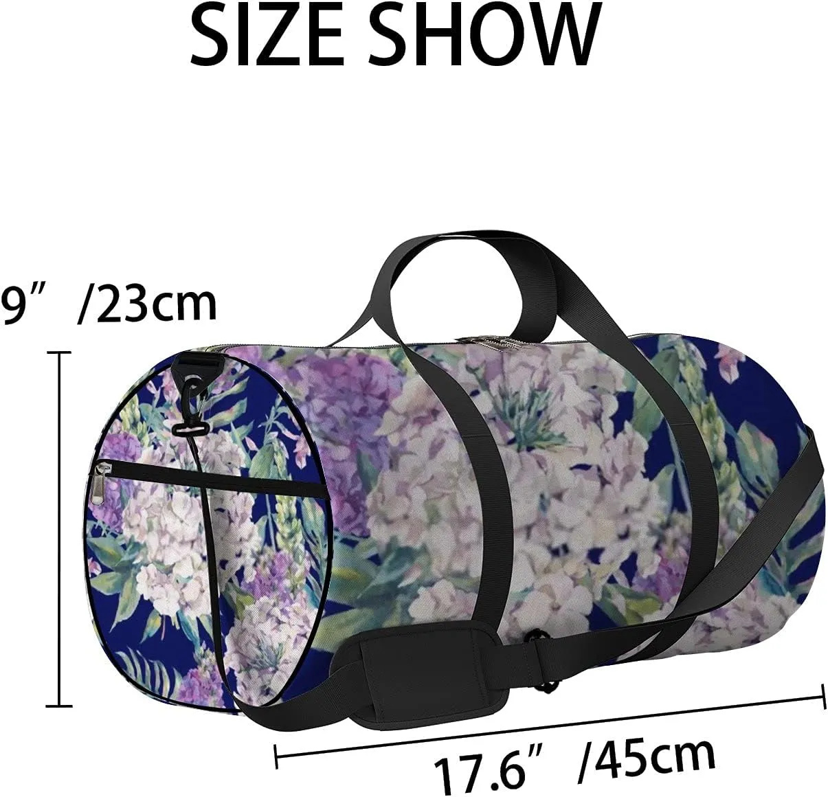 Pretty Flowers on Retro Navy Blue Sports Bag Tote Bag Waterproof Gym Bag with Shoulder Strap Zipper 2 Side Pockets for Men and Women, Travel and Storage Shoulder Bag.