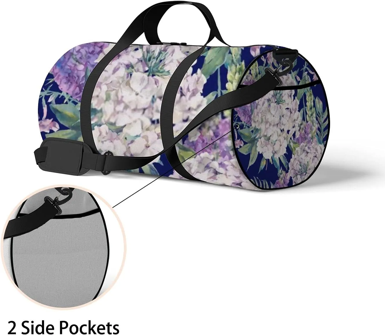 Pretty Flowers on Retro Navy Blue Sports Bag Tote Bag Waterproof Gym Bag with Shoulder Strap Zipper 2 Side Pockets for Men and Women, Travel and Storage Shoulder Bag.