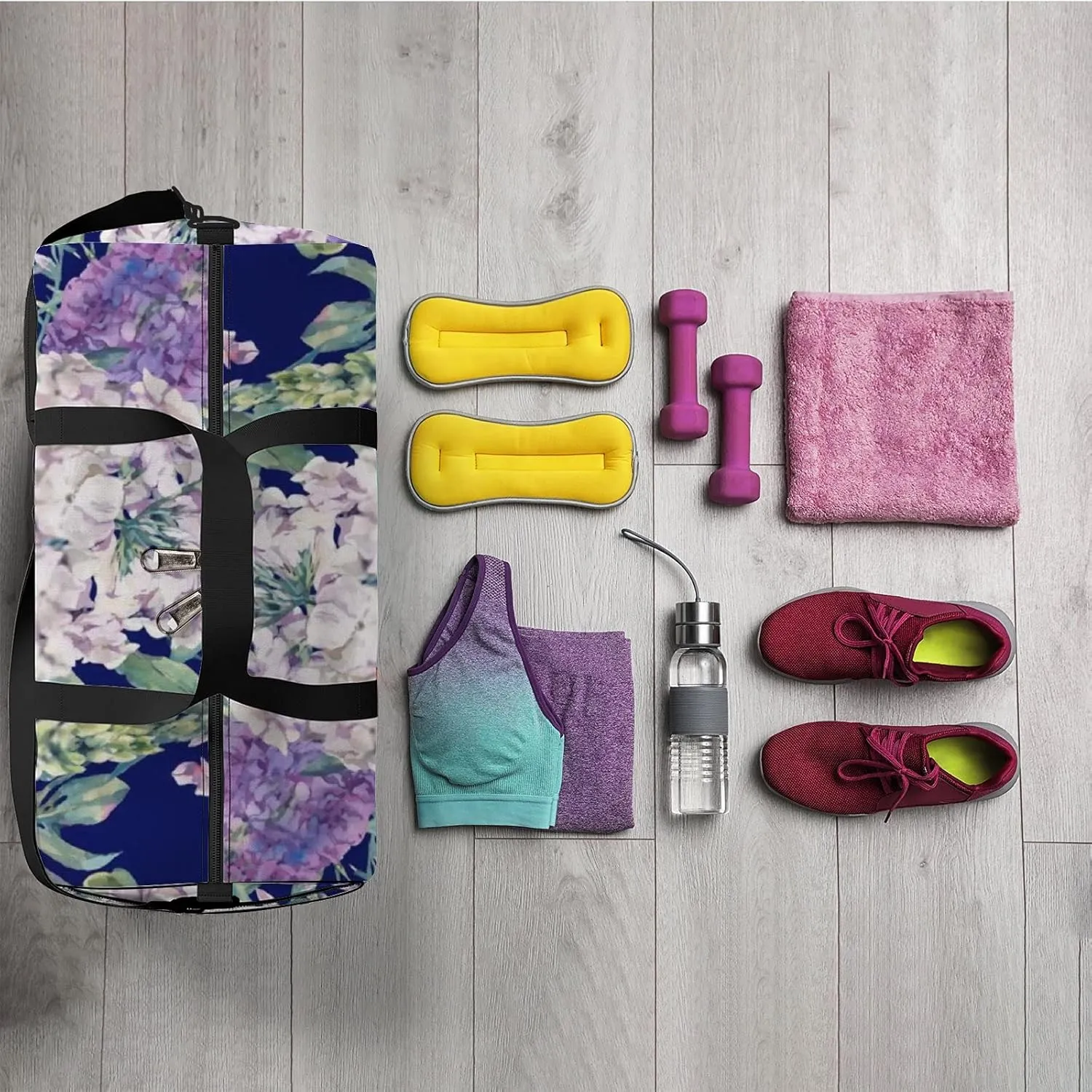 Pretty Flowers on Retro Navy Blue Sports Bag Tote Bag Waterproof Gym Bag with Shoulder Strap Zipper 2 Side Pockets for Men and Women, Travel and Storage Shoulder Bag.