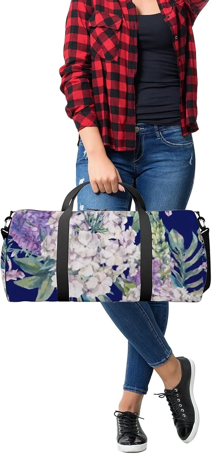 Pretty Flowers on Retro Navy Blue Sports Bag Tote Bag Waterproof Gym Bag with Shoulder Strap Zipper 2 Side Pockets for Men and Women, Travel and Storage Shoulder Bag.