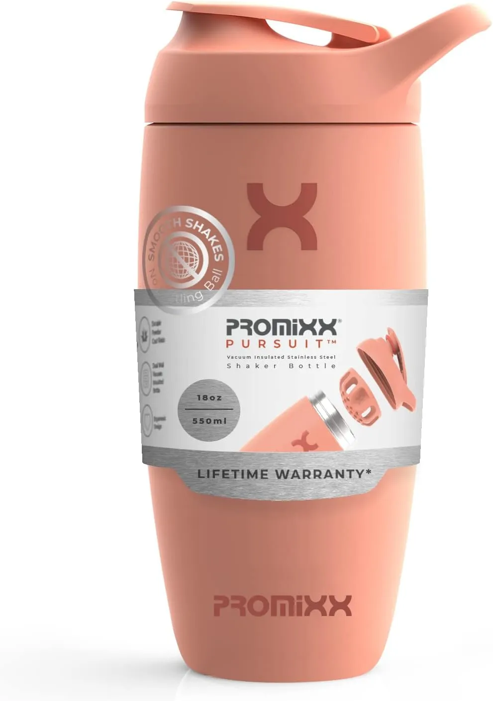 Promixx Pursuit Shaker Bottle Insulated Stainless Steel Water Bottle and shaker Cup, 18oz, Coral