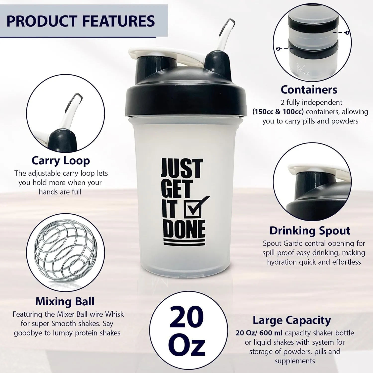 Protein Shaker Bottle with Storage Containers - Leakproof 20oz/600ml Capacity Shakers for Protein Shakes with Mixer Ball and Carry Loop - Protein Shakers (Clear)
