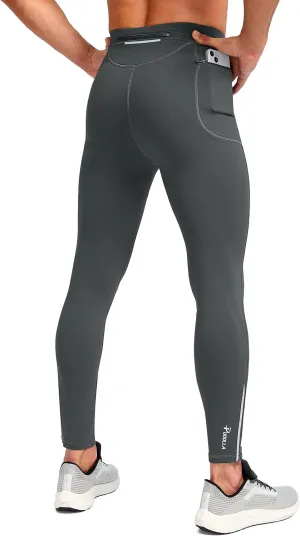Pudolla Men's Thermal Running Tights with 3 Zipper Pockets Workout Compression Leggings Cycling Pants for Men Hiking Jogging