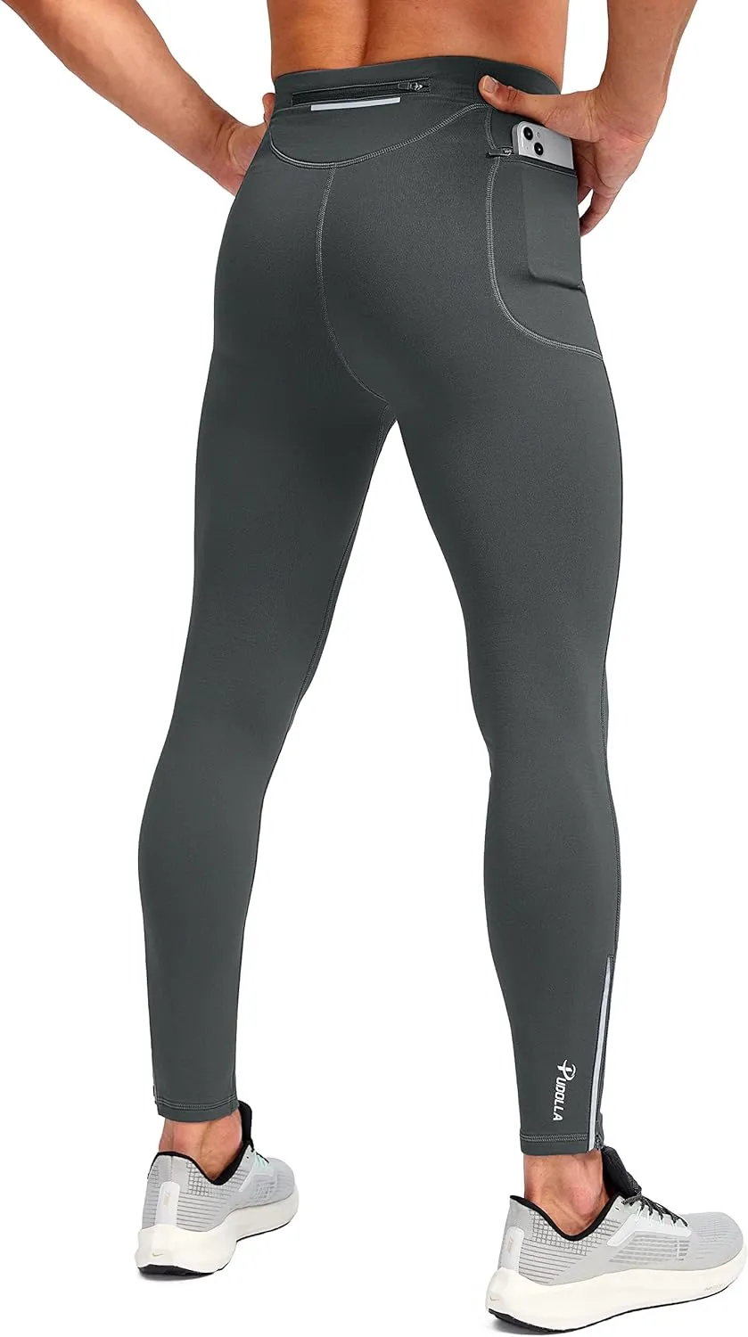 Pudolla Men's Thermal Running Tights with 3 Zipper Pockets Workout Compression Leggings Cycling Pants for Men Hiking Jogging