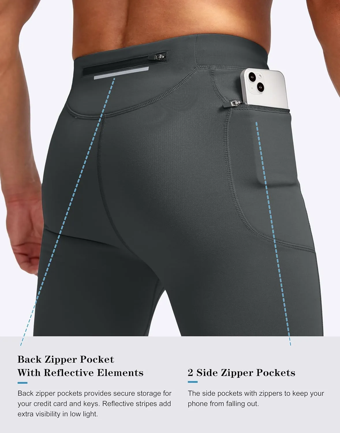 Pudolla Men's Thermal Running Tights with 3 Zipper Pockets Workout Compression Leggings Cycling Pants for Men Hiking Jogging