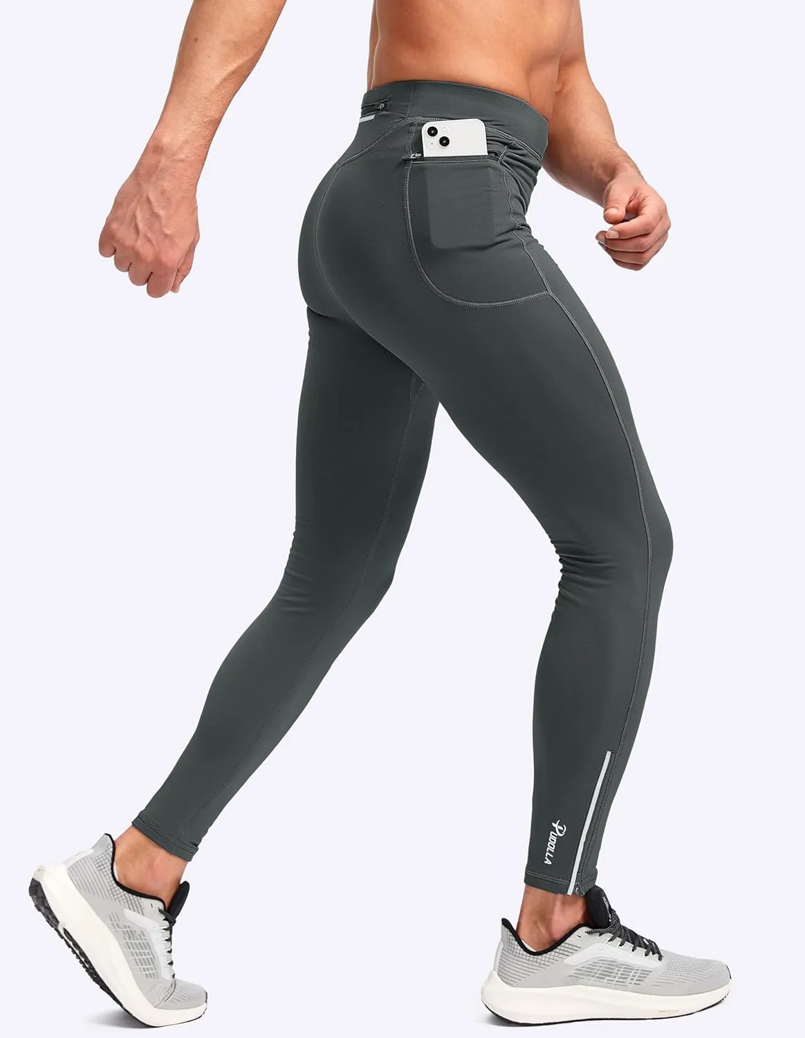 Pudolla Men's Thermal Running Tights with 3 Zipper Pockets Workout Compression Leggings Cycling Pants for Men Hiking Jogging