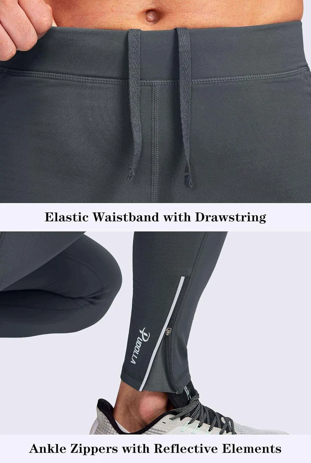 Pudolla Men's Thermal Running Tights with 3 Zipper Pockets Workout Compression Leggings Cycling Pants for Men Hiking Jogging
