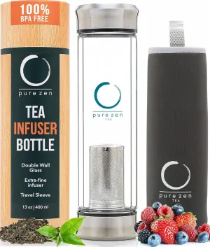 Pure Zen Tea Tumbler with Infuser - Double Wall Glass Travel Mug with Stainless Steel Filter - Leakproof Tea Infuser Bottle for Loose Leaf Infusions and Fruit Infused Water - Unique Gift Set - 13 oz