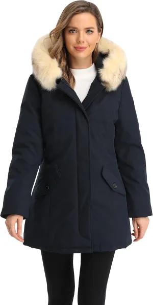 PUREMSX Duck Down Winter Coat for Women Insulated Long Thick Fur Hood Puffer Warm Parka Jacket