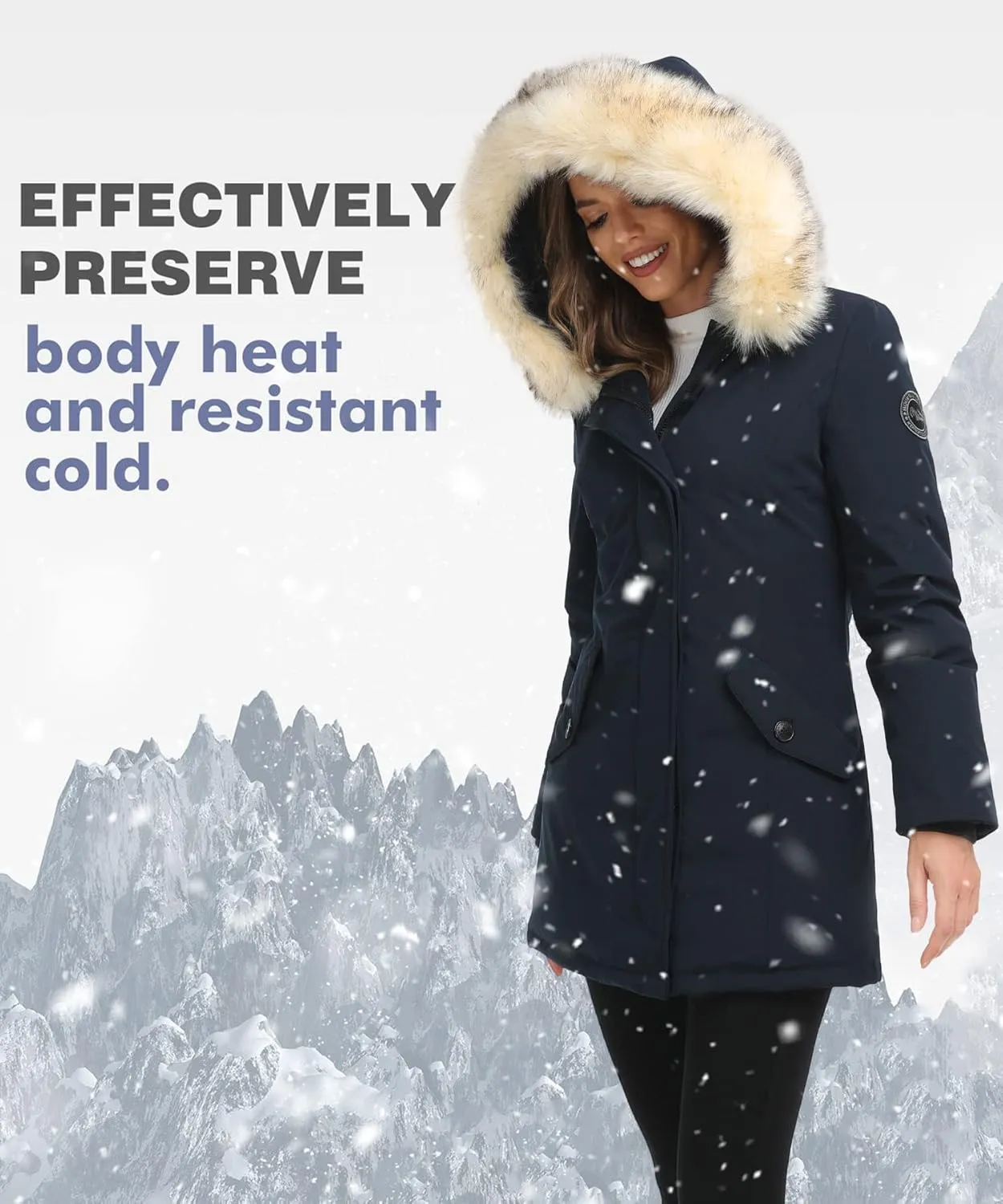 PUREMSX Duck Down Winter Coat for Women Insulated Long Thick Fur Hood Puffer Warm Parka Jacket
