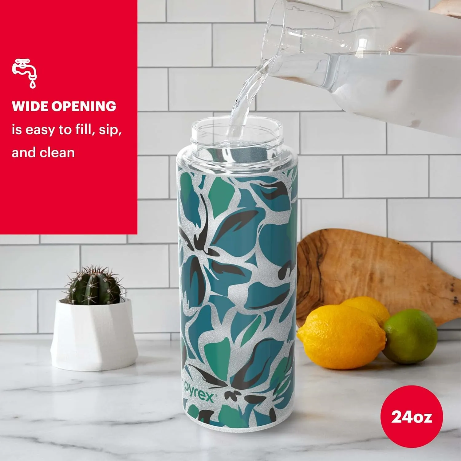 Pyrex 17.5-Oz Color Changing Glass Water Bottle with Silicone Coating, Leakproof and Textured Glass Reusable Water Bottle, Eco-Friendly, BPA-Free Silicone Coating, Abstract Motion