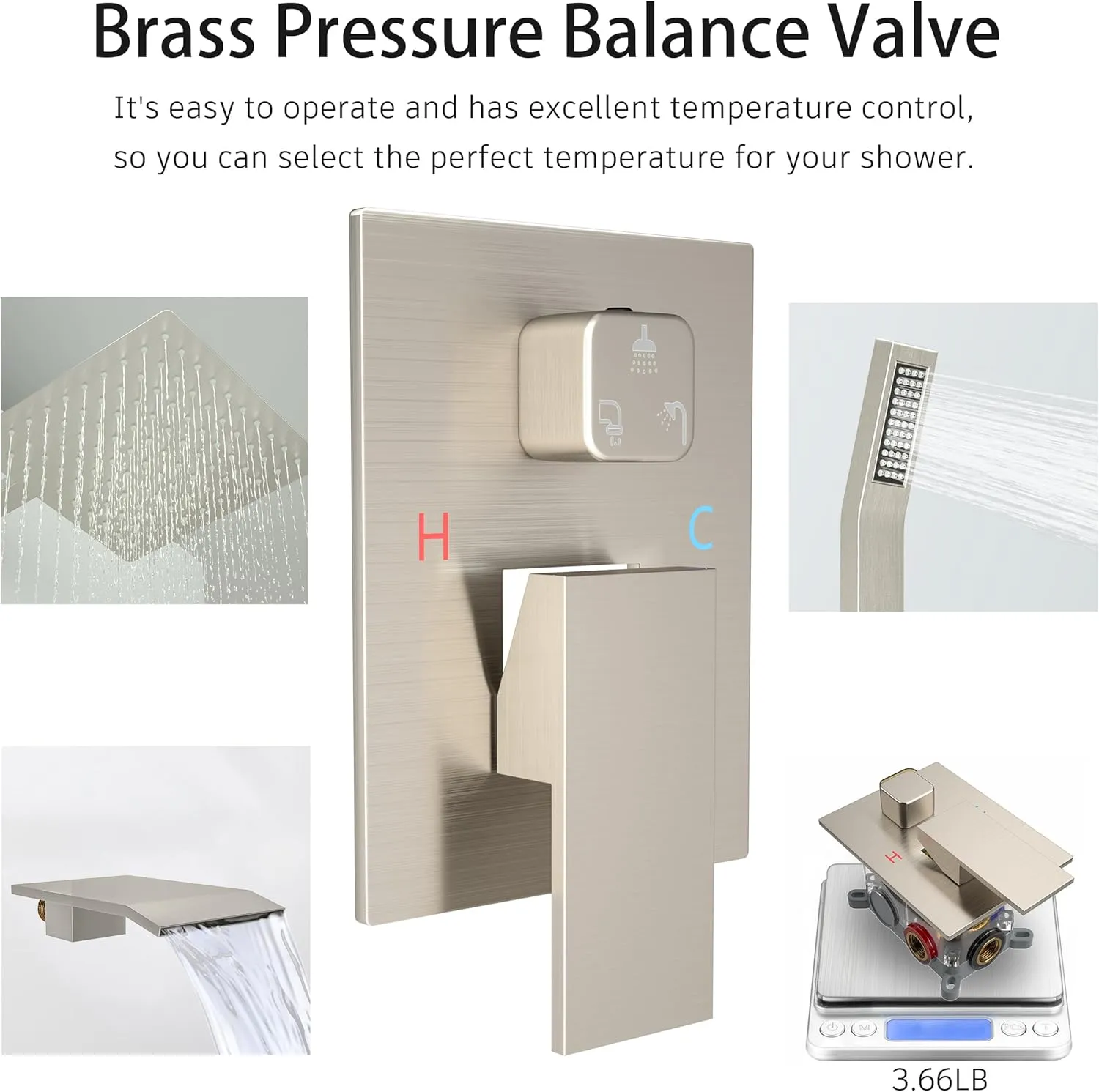 Rain Shower System High Pressure Shower Head 10 inch with Tub Spout,Wall Mounted Waterfall Bathroom Shower Faucet Sets Complete with Handheld Spray,Shower Valve and Trim kit,Brushed Nickel