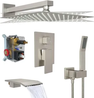 Rain Shower System High Pressure Shower Head 10 inch with Tub Spout,Wall Mounted Waterfall Bathroom Shower Faucet Sets Complete with Handheld Spray,Shower Valve and Trim kit,Brushed Nickel