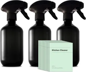 Recycled Plastic Spray Bottles 3 x 500ml with 9 x Waterproof Labels; Eco-Friendly, Refillable, Reusable Empty Bottle Set; Leakproof Trigger Sprayer for Cleaning, Garden, Kitchen, Plant Misting, Water