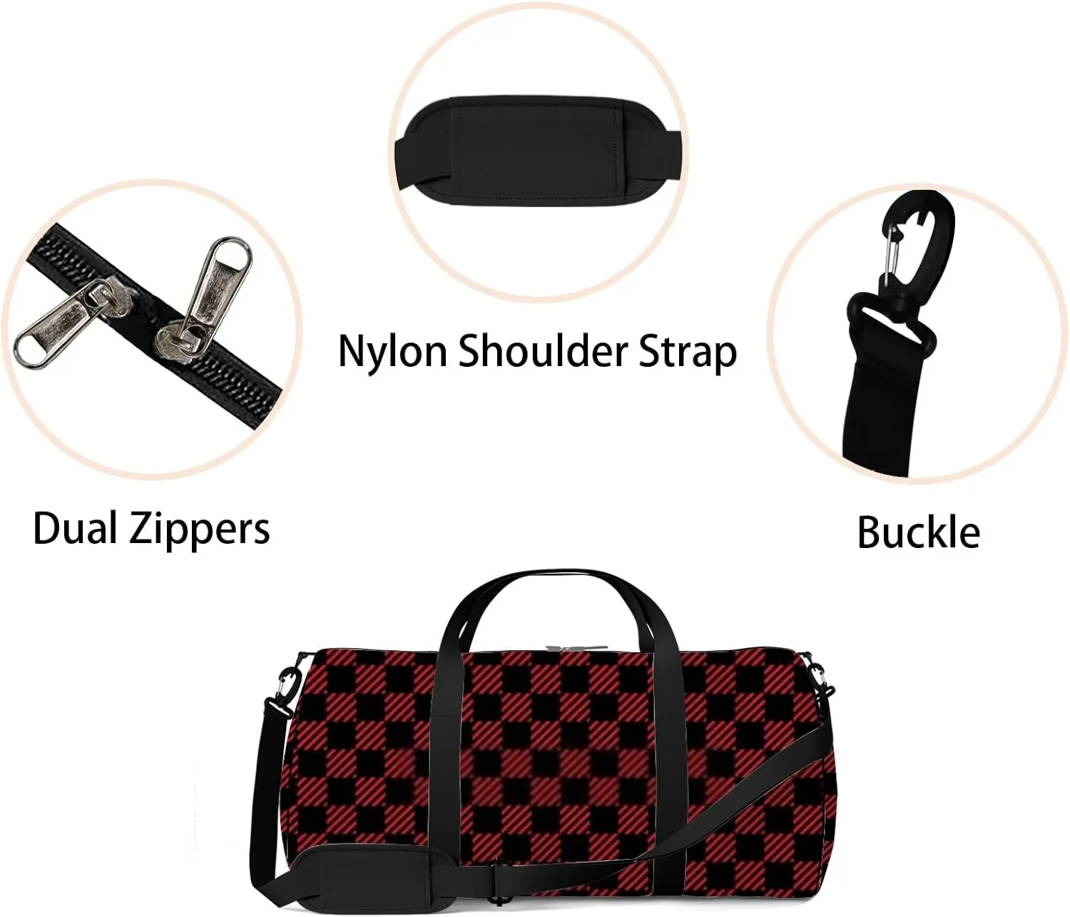 Red and Black Lumberjack Buffalo Plaid Sports Bag Tote Bag Waterproof Gym Bag with Shoulder Strap Zipper 2 Side Pockets for Men and Women, Travel and Storage Shoulder Bag.