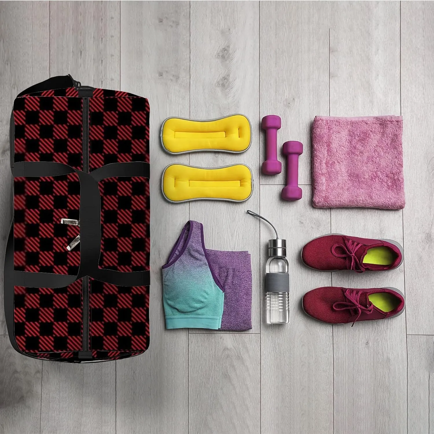 Red and Black Lumberjack Buffalo Plaid Sports Bag Tote Bag Waterproof Gym Bag with Shoulder Strap Zipper 2 Side Pockets for Men and Women, Travel and Storage Shoulder Bag.