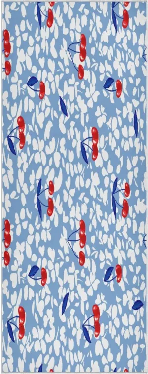 Red Cherries Blue Yoga Towel,Hot Yoga Mat Towel with Grip Dots Sweat Absorbent Non-Slip for Hot Yoga, 24" x72",Soft Yoga Blankets with Travel Bag,Pilates and Workout