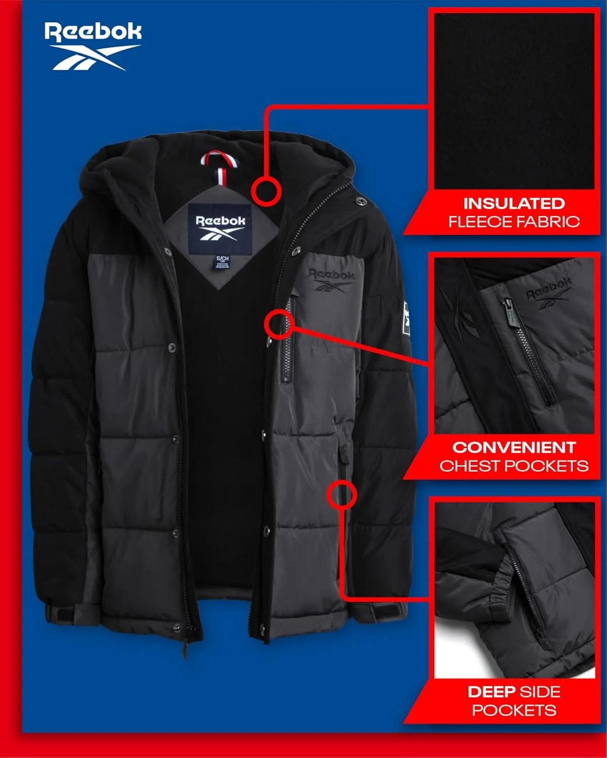 Reebok Boys' Winter Coat - Heavyweight Quilted Puffer Snow Parka - Weather Resistant Ski Jacket for Boys (8-20)