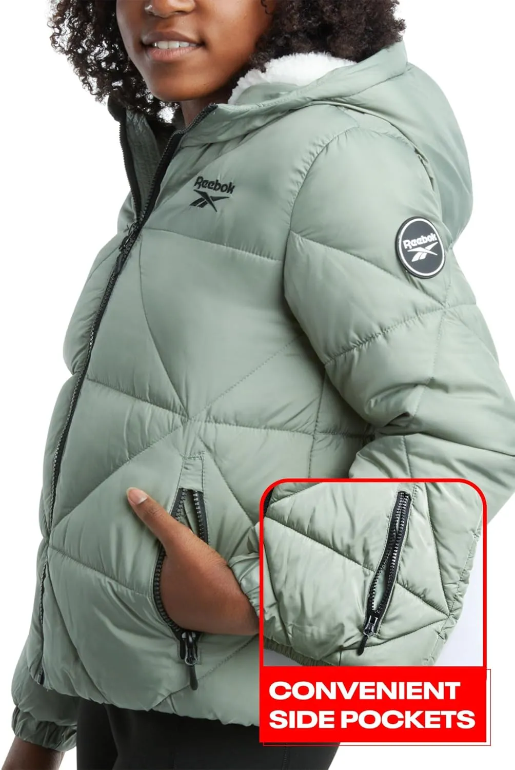 Reebok Girls' Winter Coat - Heavyweight Quilted Sherpa Fur Lined Cropped Puffer Parka - Casual Jacket for Girls (4-16)