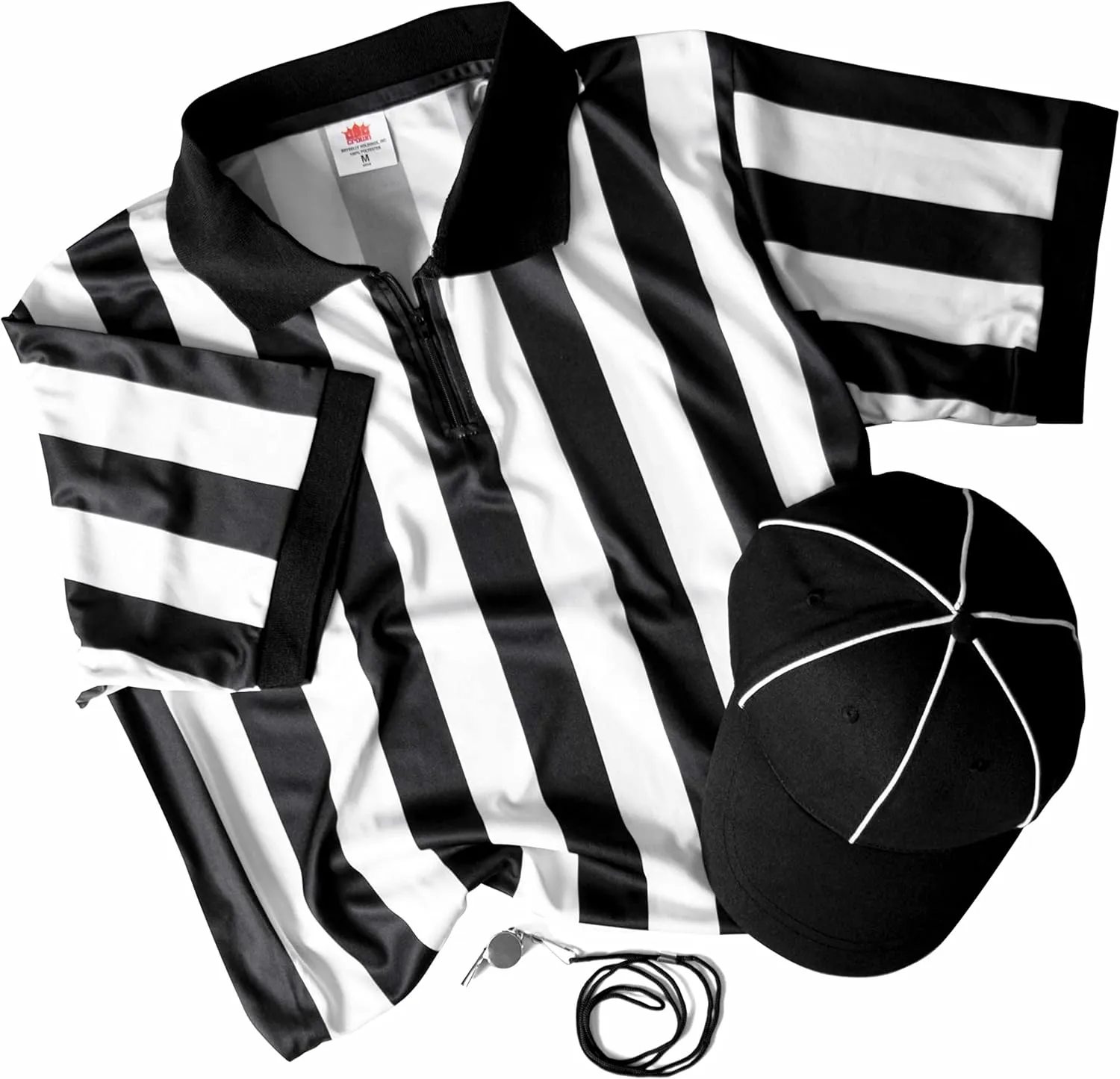 Referee Necessities Men's Bundle - Black & White Striped Official Jersey, Umpire Hat, & Stainless Steel Ref Pea Whistle with Lanyard - Pro/Amateur Team Sports Costume Apparel Kit for Men