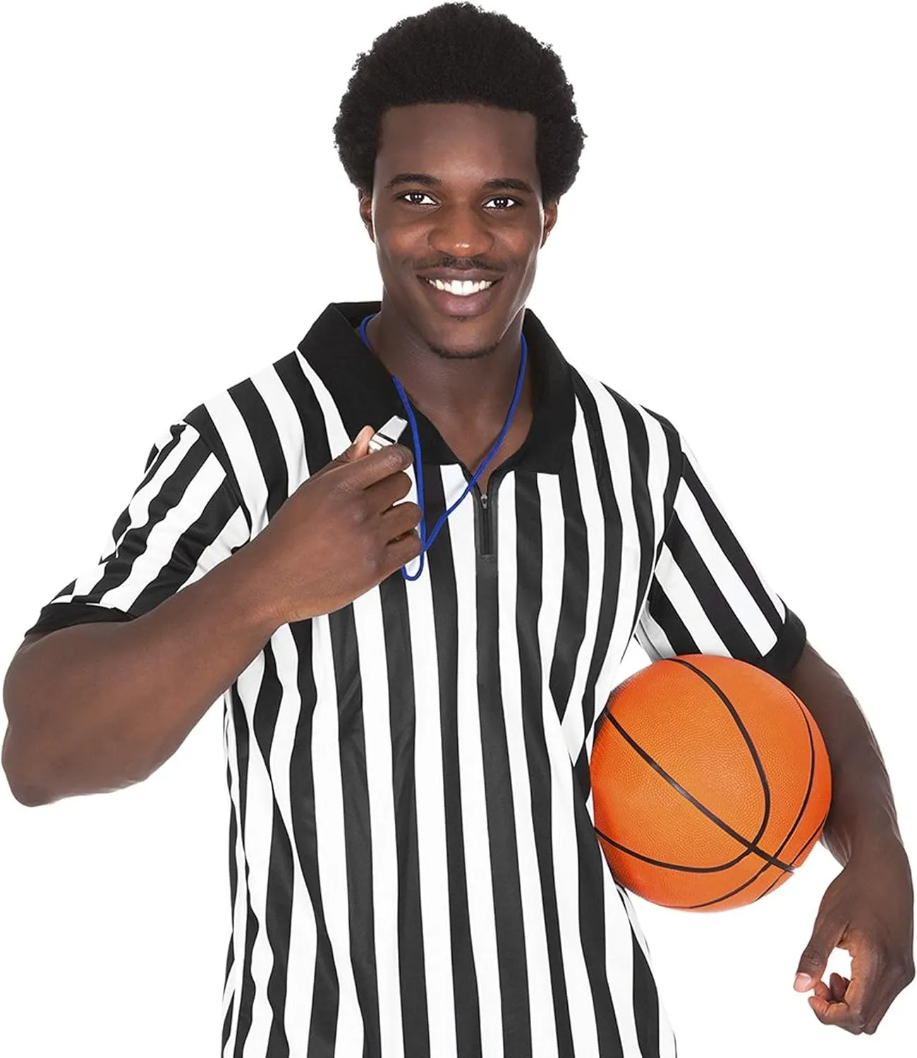 Referee Necessities Men's Bundle - Black & White Striped Official Jersey, Umpire Hat, & Stainless Steel Ref Pea Whistle with Lanyard - Pro/Amateur Team Sports Costume Apparel Kit for Men
