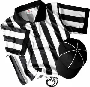 Referee Necessities Men's Bundle - Black & White Striped Official Jersey, Umpire Hat, & Stainless Steel Ref Pea Whistle with Lanyard - Pro/Amateur Team Sports Costume Apparel Kit for Men