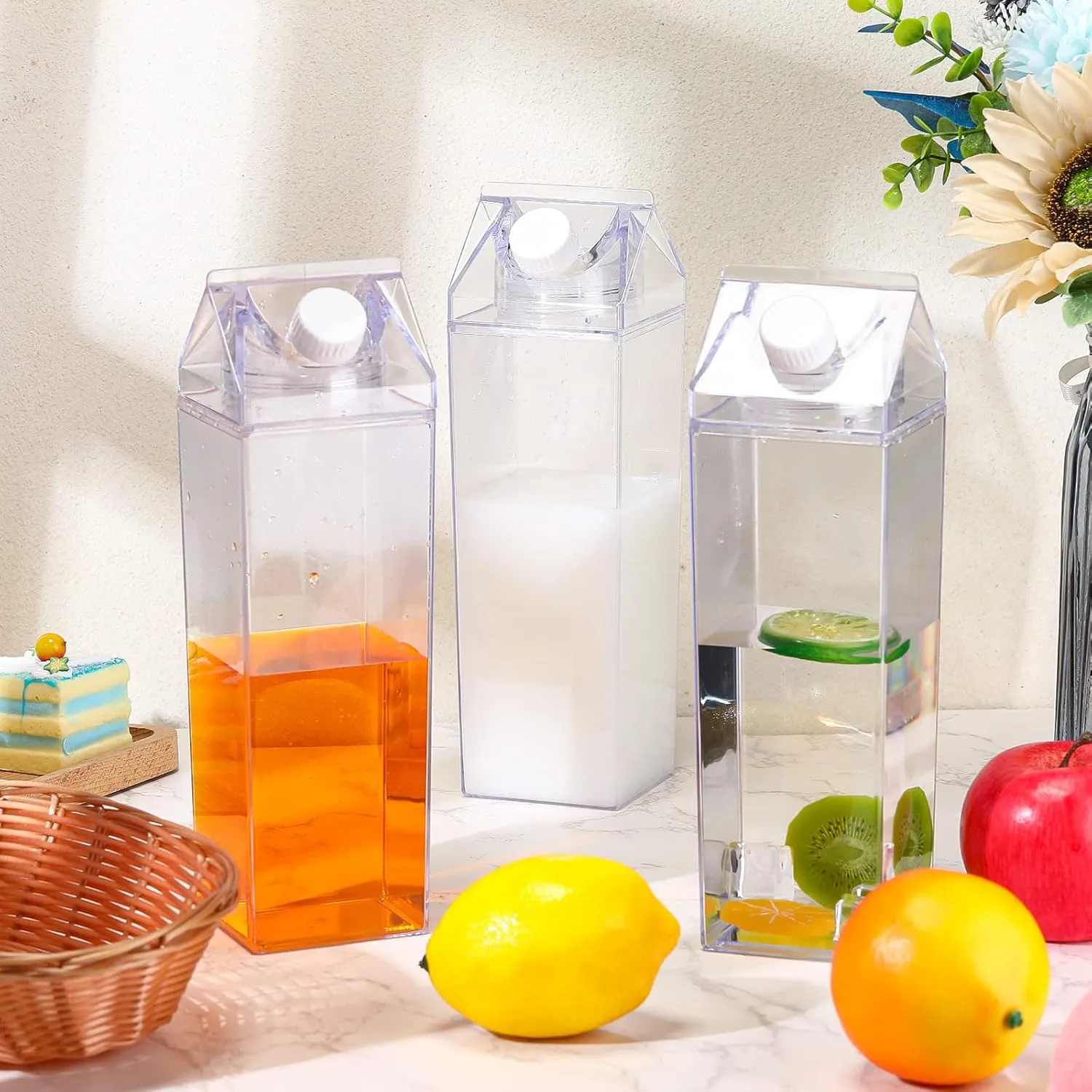 Remerry 3 Pcs Milk Carton Water Bottle Square Plastic Coffee Portable Reusable Milk Carton Cup Leakproof Juice Bottle