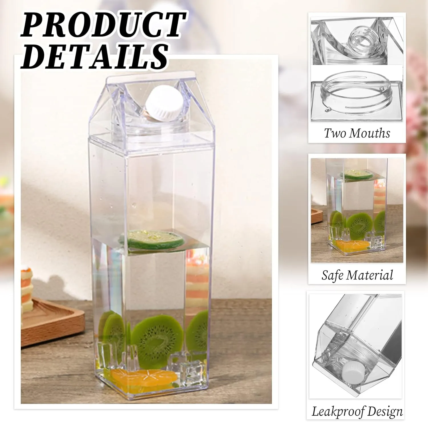 Remerry 3 Pcs Milk Carton Water Bottle Square Plastic Coffee Portable Reusable Milk Carton Cup Leakproof Juice Bottle