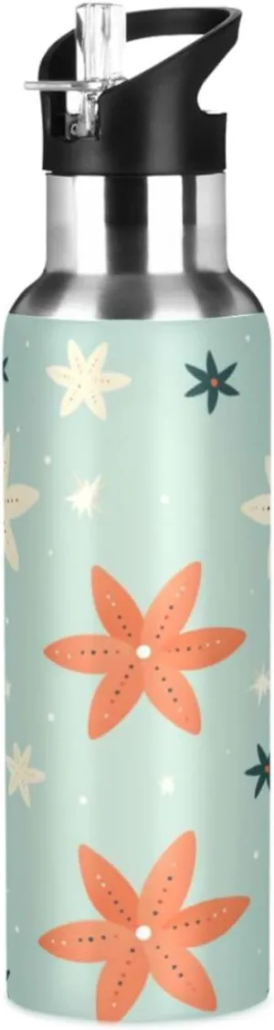 Repeating Pattern Snowflakes Sport Water Bottle Insulated Stainless Steel Large Vacuum Flask Leak Proof Thermos with Straw for Travel(600ml/1000ml)