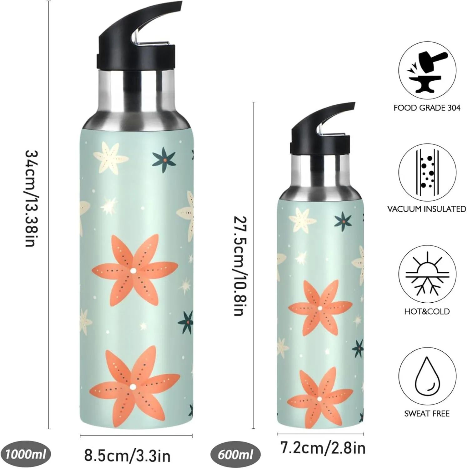 Repeating Pattern Snowflakes Sport Water Bottle Insulated Stainless Steel Large Vacuum Flask Leak Proof Thermos with Straw for Travel(600ml/1000ml)