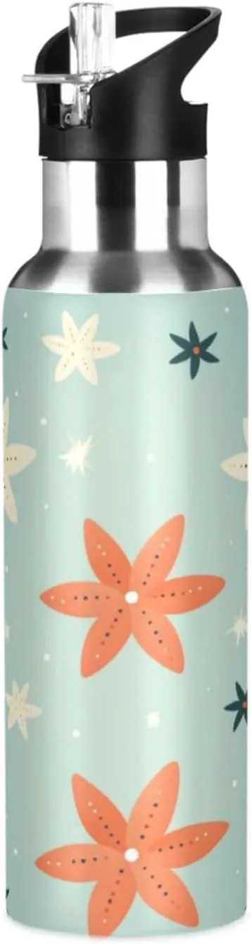Repeating Pattern Snowflakes Sport Water Bottle Insulated Stainless Steel Large Vacuum Flask Leak Proof Thermos with Straw for Travel(600ml/1000ml)