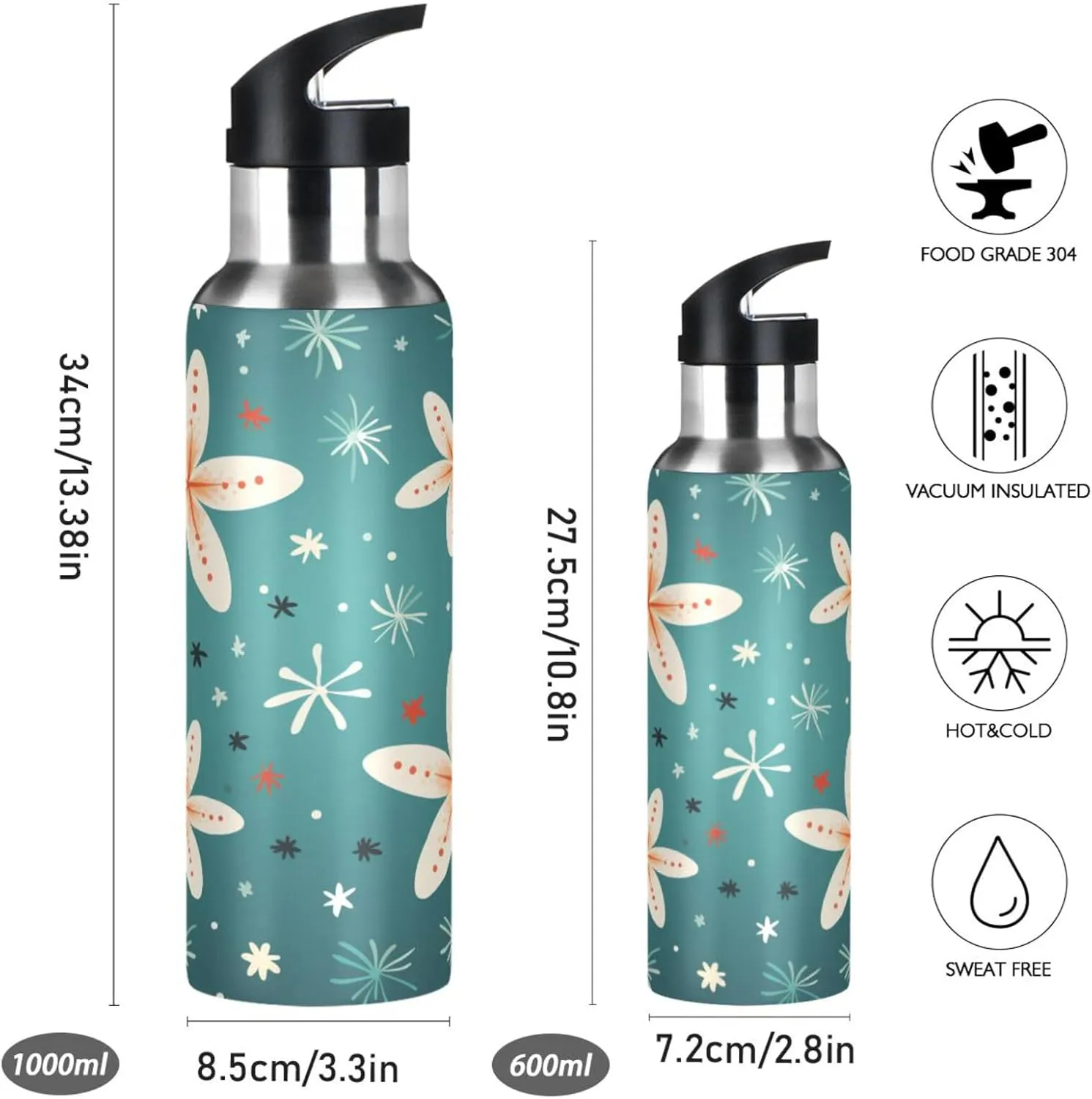 Repeating Pattern White Flowers Sport Water Bottle Insulated Stainless Steel Large Vacuum Flask Leak Proof Thermos with Straw for Travel(600ml/1000ml)