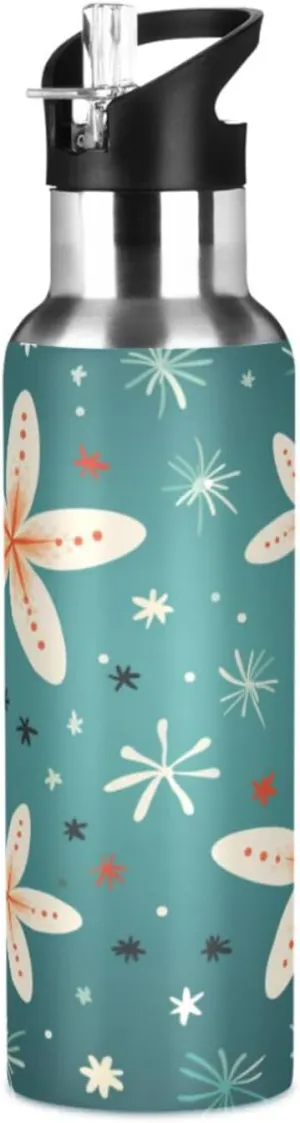Repeating Pattern White Flowers Sport Water Bottle Insulated Stainless Steel Large Vacuum Flask Leak Proof Thermos with Straw for Travel(600ml/1000ml)