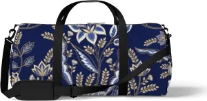 Retro Navy Blue Oriental Flowers Motif Sports Bag Tote Bag Waterproof Gym Bag with Shoulder Strap Zipper 2 Side Pockets for Men and Women, Travel and Storage Shoulder Bag.
