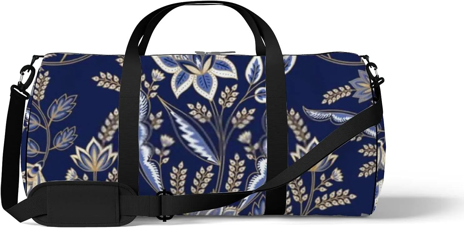 Retro Navy Blue Oriental Flowers Motif Sports Bag Tote Bag Waterproof Gym Bag with Shoulder Strap Zipper 2 Side Pockets for Men and Women, Travel and Storage Shoulder Bag.