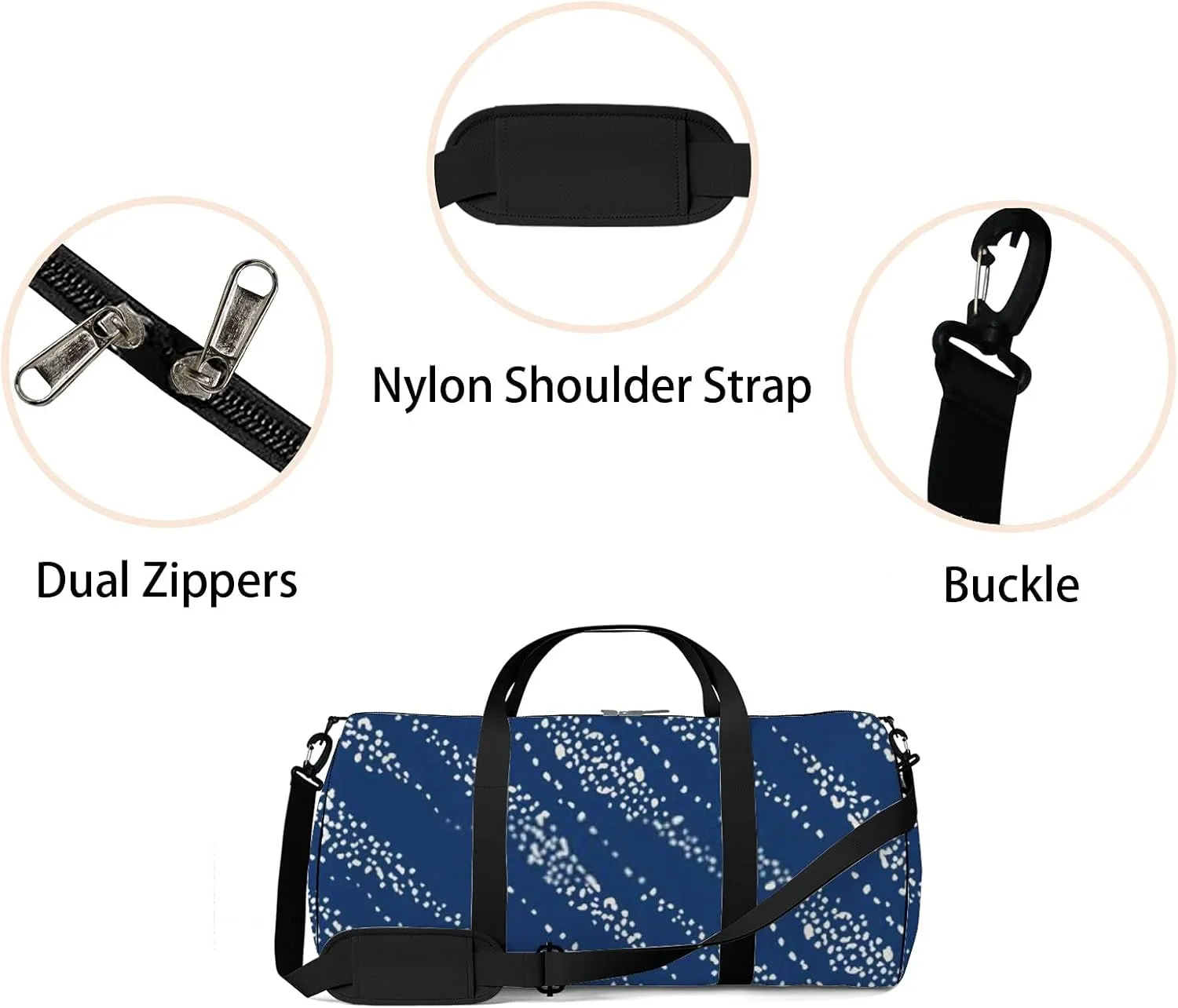 Retro Navy Blue White Pattern Sports Bag Tote Bag Waterproof Gym Bag with Shoulder Strap Zipper 2 Side Pockets for Men and Women, Travel and Storage Shoulder Bag.