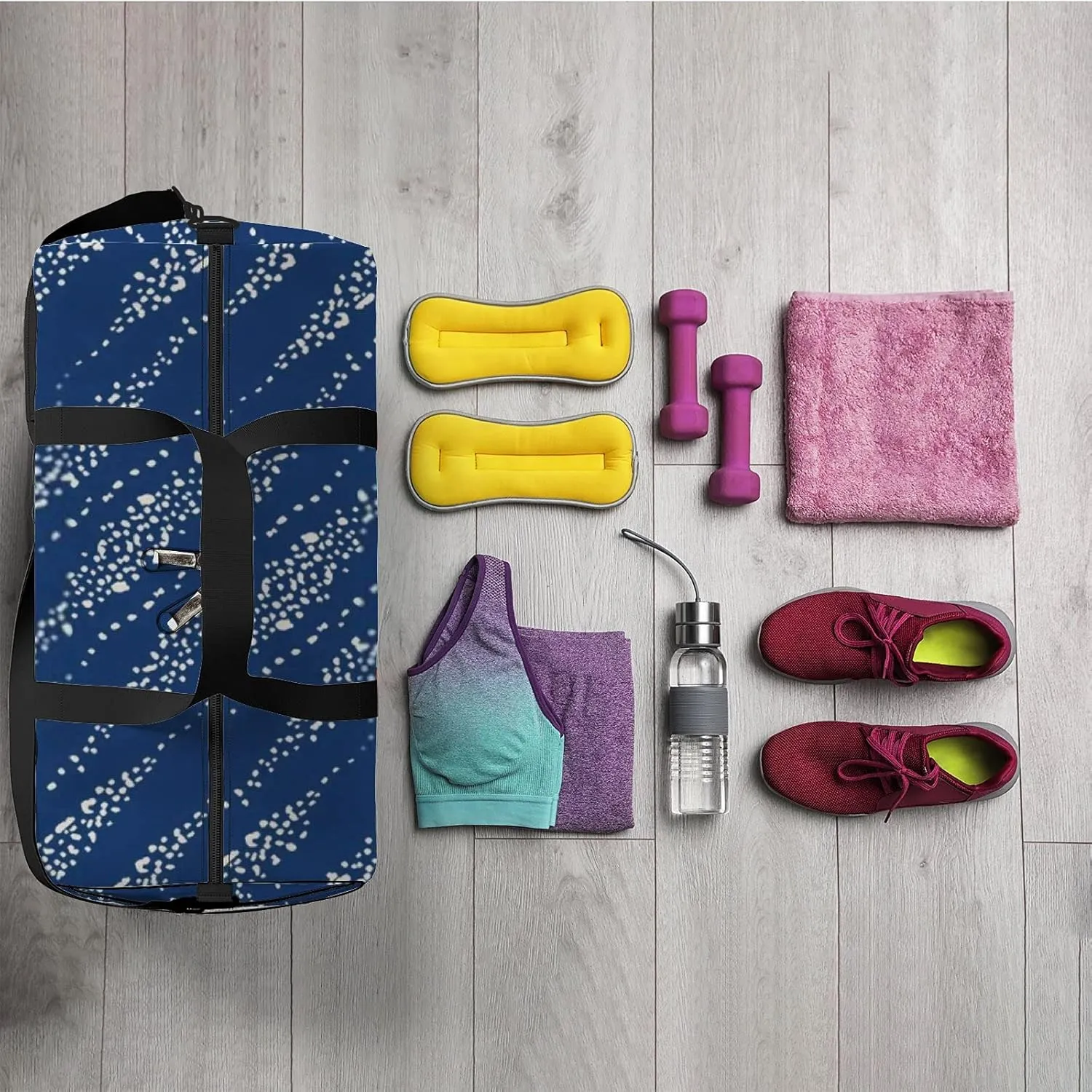 Retro Navy Blue White Pattern Sports Bag Tote Bag Waterproof Gym Bag with Shoulder Strap Zipper 2 Side Pockets for Men and Women, Travel and Storage Shoulder Bag.
