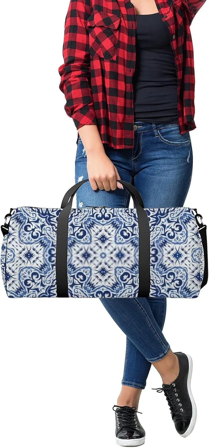 Retro Oriental Navy Blue Floral Decor Pattern Sports Bag Tote Bag Waterproof Gym Bag with Shoulder Strap Zipper 2 Side Pockets for Men and Women, Travel and Storage Shoulder Bag.